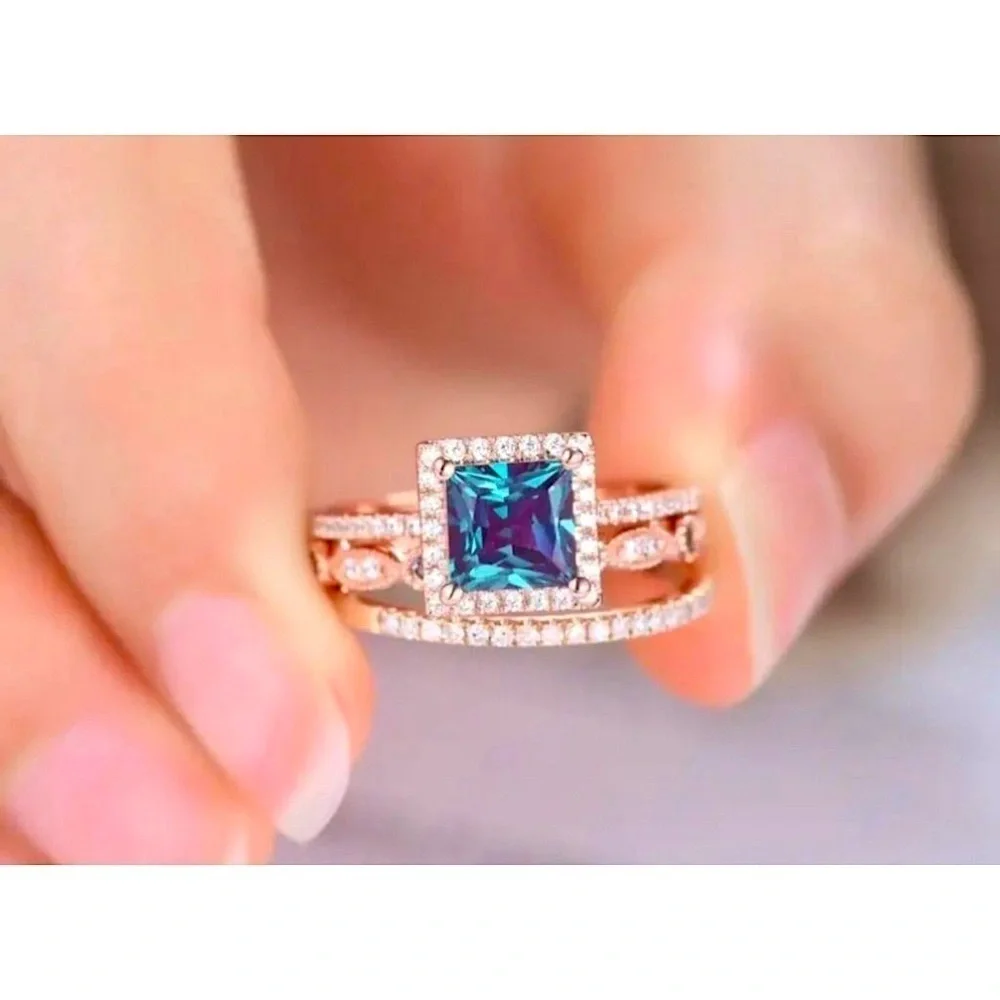 3pc Square Colorful Cubic Zirconia Ring Inlaid with Cubic Zirconia Diamonds